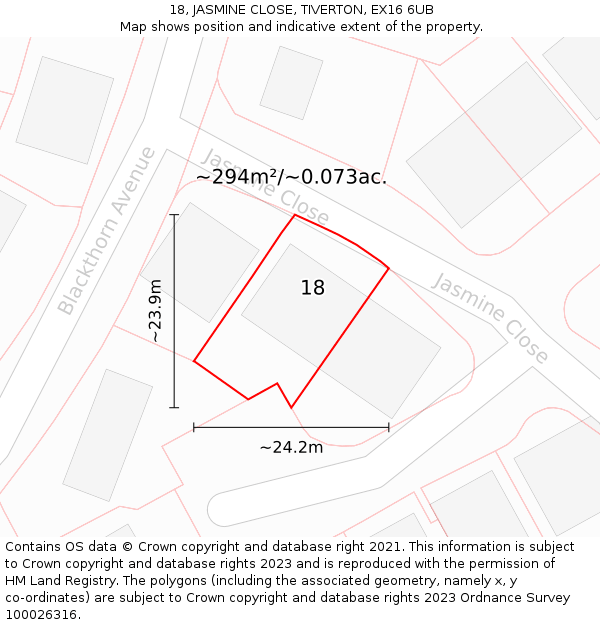 18, JASMINE CLOSE, TIVERTON, EX16 6UB: Plot and title map
