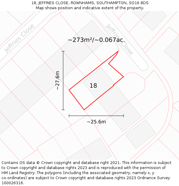 18, JEFFRIES CLOSE, ROWNHAMS, SOUTHAMPTON, SO16 8DS: Plot and title map