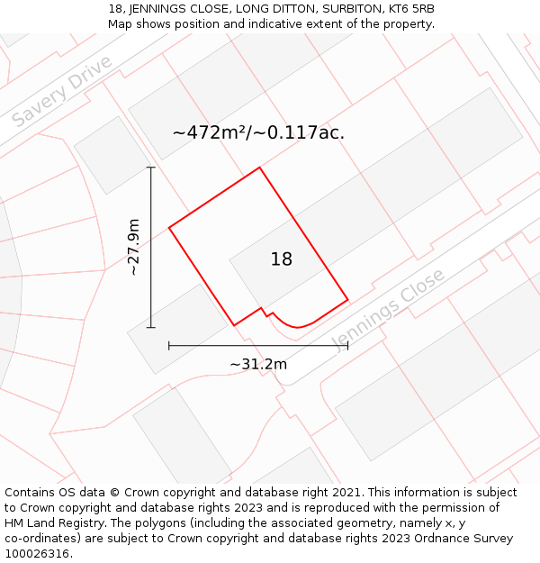 18, JENNINGS CLOSE, LONG DITTON, SURBITON, KT6 5RB: Plot and title map