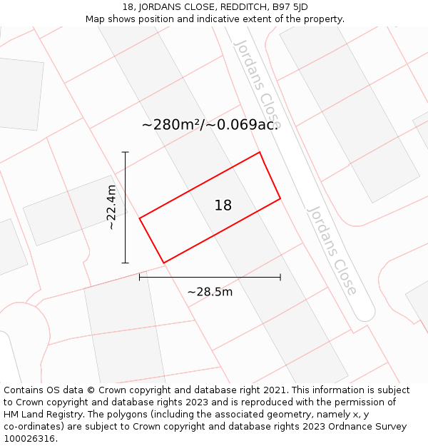 18, JORDANS CLOSE, REDDITCH, B97 5JD: Plot and title map