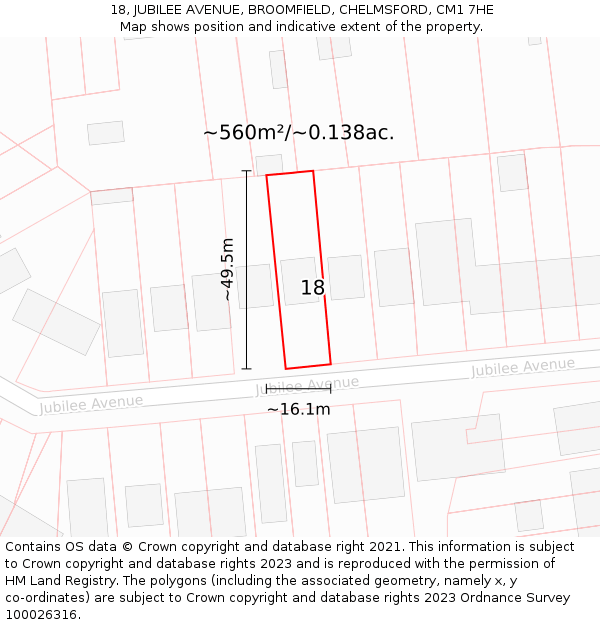 18, JUBILEE AVENUE, BROOMFIELD, CHELMSFORD, CM1 7HE: Plot and title map