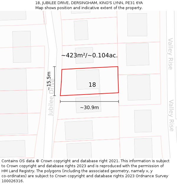 18, JUBILEE DRIVE, DERSINGHAM, KING'S LYNN, PE31 6YA: Plot and title map