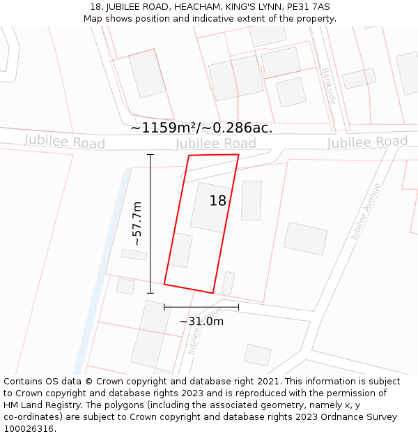 18, JUBILEE ROAD, HEACHAM, KING'S LYNN, PE31 7AS: Plot and title map