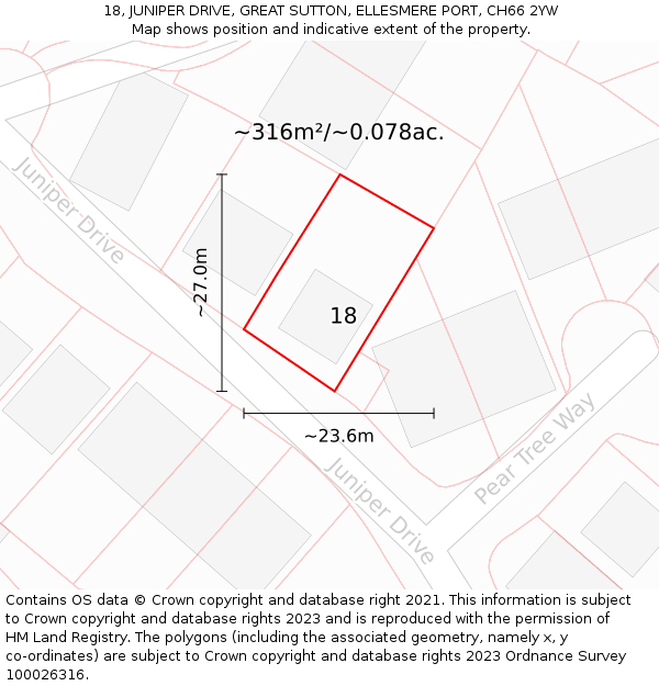 18, JUNIPER DRIVE, GREAT SUTTON, ELLESMERE PORT, CH66 2YW: Plot and title map