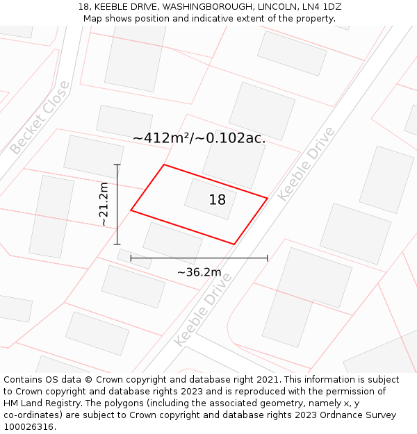 18, KEEBLE DRIVE, WASHINGBOROUGH, LINCOLN, LN4 1DZ: Plot and title map
