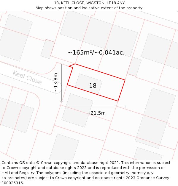 18, KEEL CLOSE, WIGSTON, LE18 4NY: Plot and title map