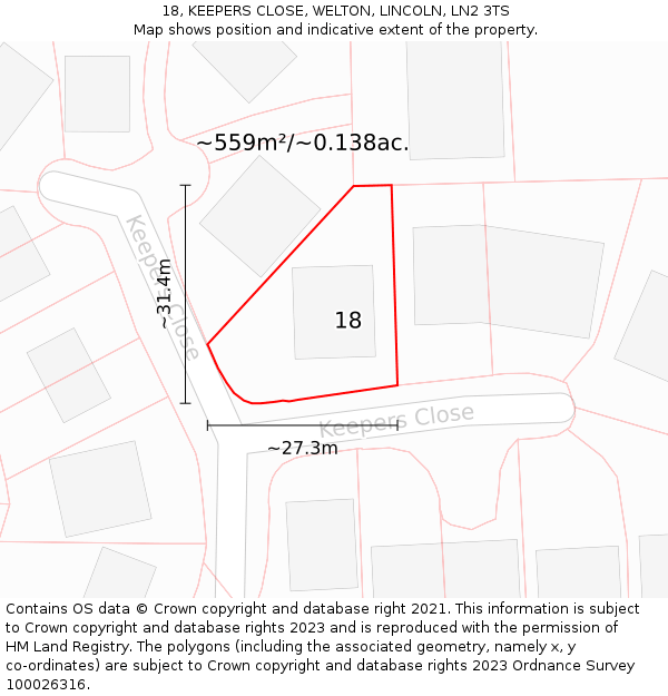 18, KEEPERS CLOSE, WELTON, LINCOLN, LN2 3TS: Plot and title map