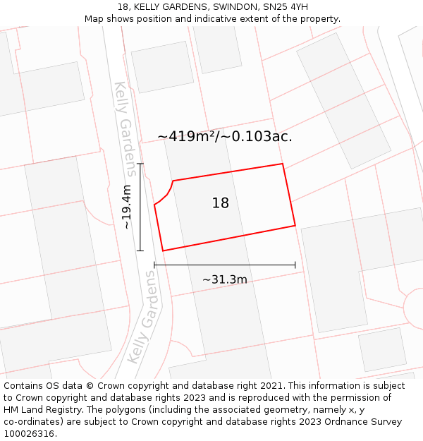 18, KELLY GARDENS, SWINDON, SN25 4YH: Plot and title map