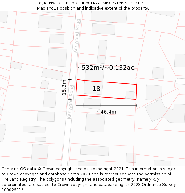 18, KENWOOD ROAD, HEACHAM, KING'S LYNN, PE31 7DD: Plot and title map