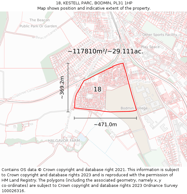18, KESTELL PARC, BODMIN, PL31 1HP: Plot and title map