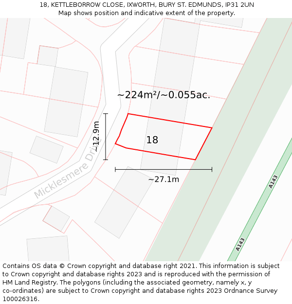 18, KETTLEBORROW CLOSE, IXWORTH, BURY ST. EDMUNDS, IP31 2UN: Plot and title map