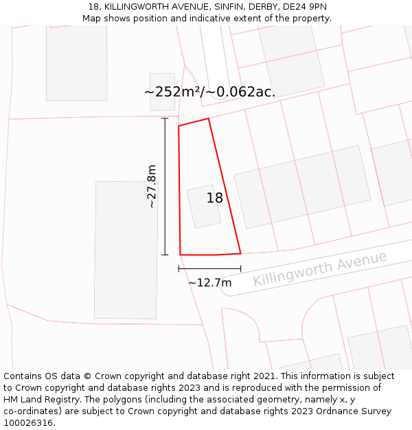 18, KILLINGWORTH AVENUE, SINFIN, DERBY, DE24 9PN: Plot and title map