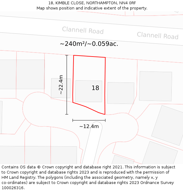 18, KIMBLE CLOSE, NORTHAMPTON, NN4 0RF: Plot and title map