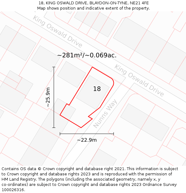 18, KING OSWALD DRIVE, BLAYDON-ON-TYNE, NE21 4FE: Plot and title map