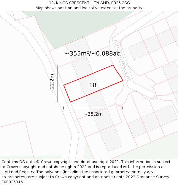 18, KINGS CRESCENT, LEYLAND, PR25 2SG: Plot and title map