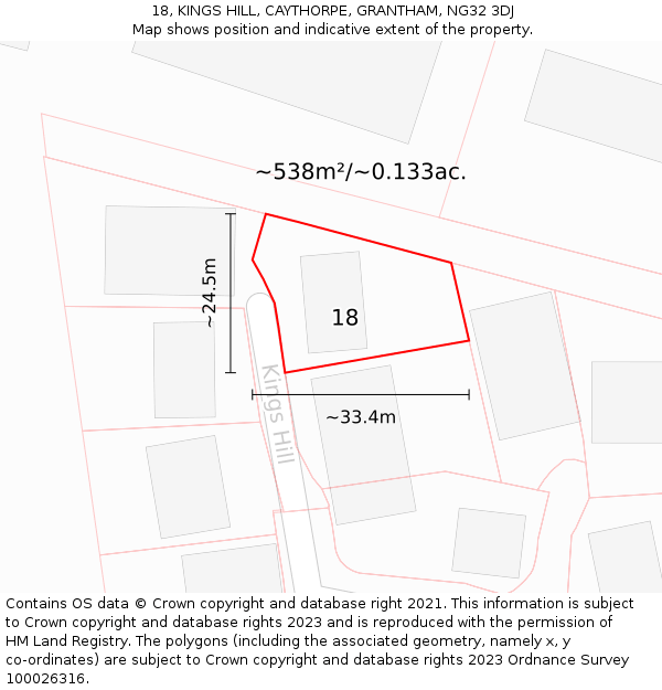 18, KINGS HILL, CAYTHORPE, GRANTHAM, NG32 3DJ: Plot and title map