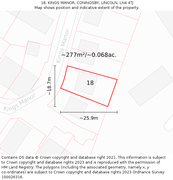 18, KINGS MANOR, CONINGSBY, LINCOLN, LN4 4TJ: Plot and title map