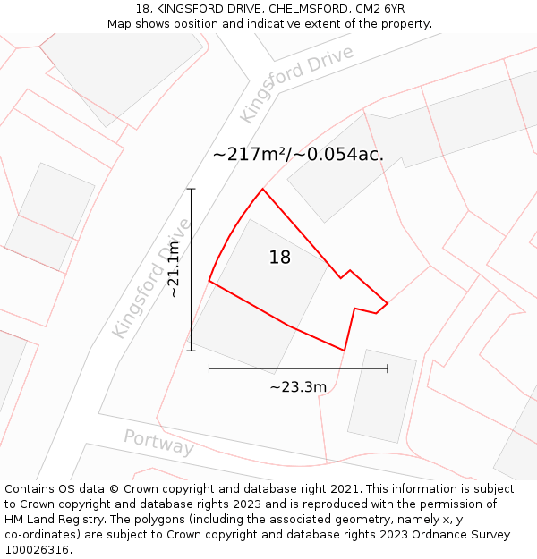 18, KINGSFORD DRIVE, CHELMSFORD, CM2 6YR: Plot and title map