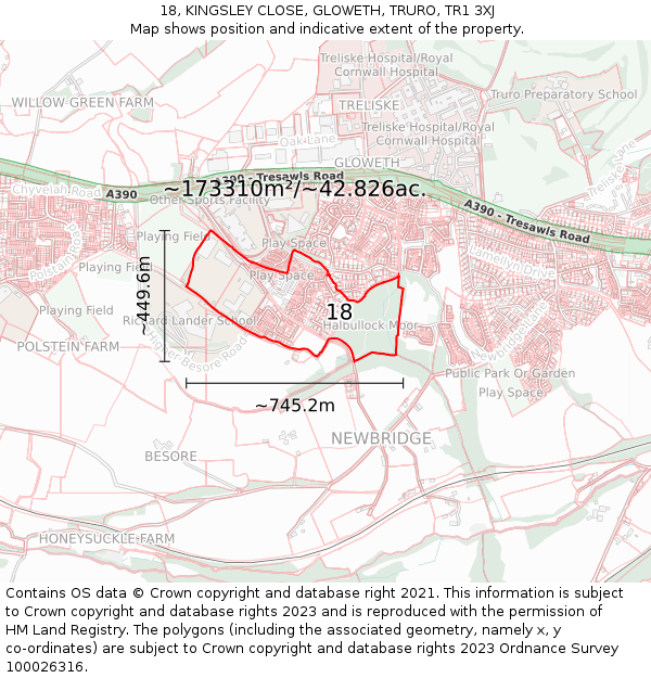 18, KINGSLEY CLOSE, GLOWETH, TRURO, TR1 3XJ: Plot and title map