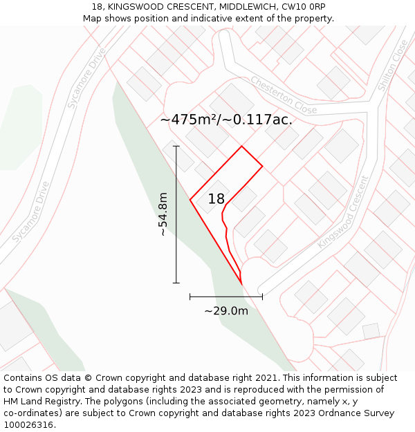 18, KINGSWOOD CRESCENT, MIDDLEWICH, CW10 0RP: Plot and title map