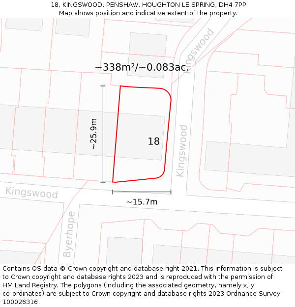 18, KINGSWOOD, PENSHAW, HOUGHTON LE SPRING, DH4 7PP: Plot and title map