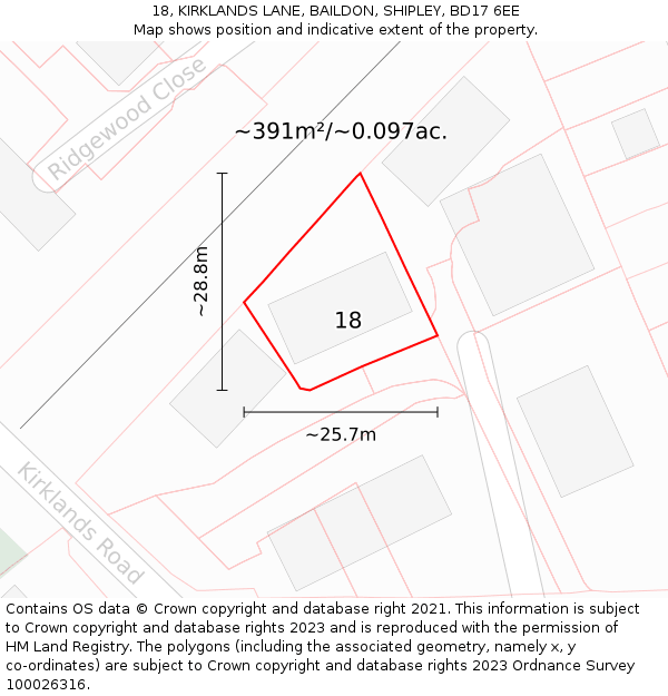 18, KIRKLANDS LANE, BAILDON, SHIPLEY, BD17 6EE: Plot and title map