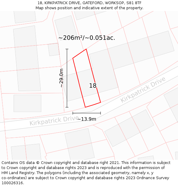 18, KIRKPATRICK DRIVE, GATEFORD, WORKSOP, S81 8TF: Plot and title map