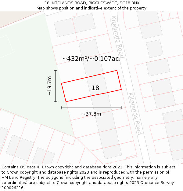 18, KITELANDS ROAD, BIGGLESWADE, SG18 8NX: Plot and title map