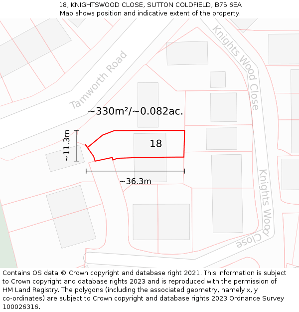 18, KNIGHTSWOOD CLOSE, SUTTON COLDFIELD, B75 6EA: Plot and title map