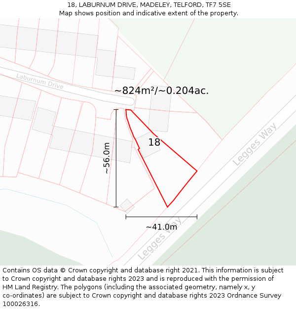18, LABURNUM DRIVE, MADELEY, TELFORD, TF7 5SE: Plot and title map