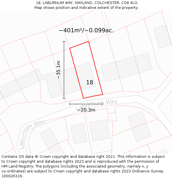 18, LABURNUM WAY, NAYLAND, COLCHESTER, CO6 4LG: Plot and title map