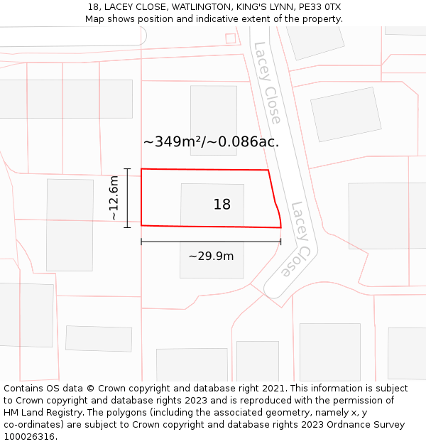 18, LACEY CLOSE, WATLINGTON, KING'S LYNN, PE33 0TX: Plot and title map