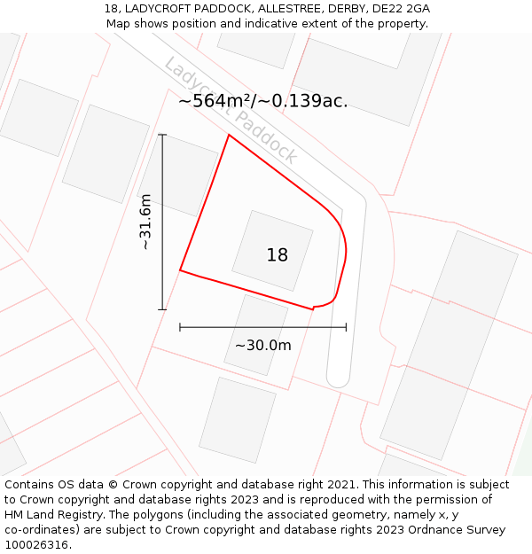 18, LADYCROFT PADDOCK, ALLESTREE, DERBY, DE22 2GA: Plot and title map