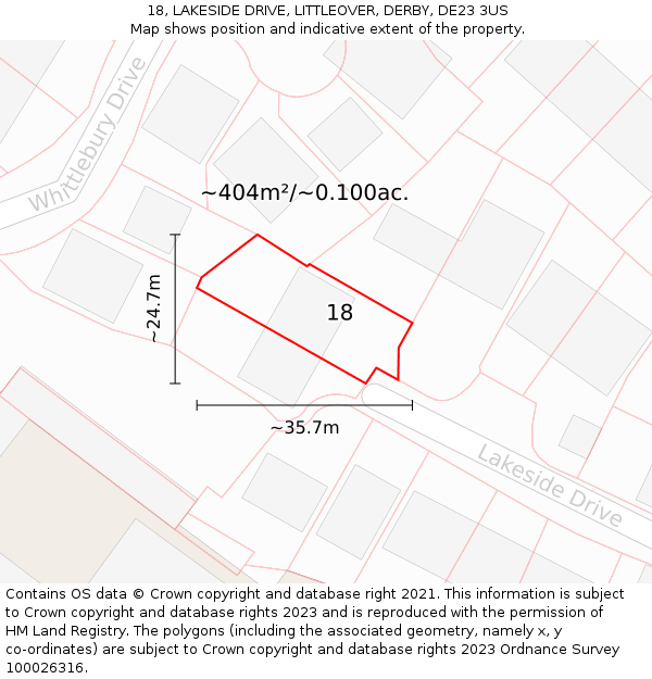 18, LAKESIDE DRIVE, LITTLEOVER, DERBY, DE23 3US: Plot and title map