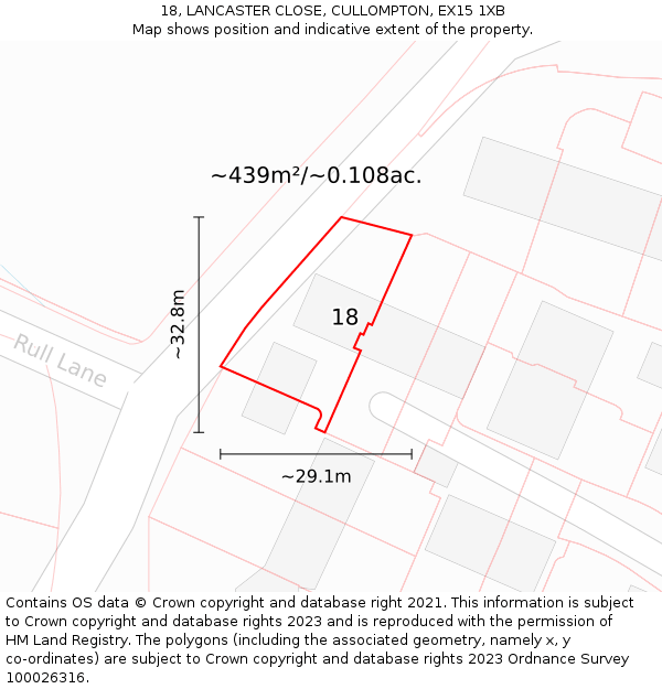 18, LANCASTER CLOSE, CULLOMPTON, EX15 1XB: Plot and title map