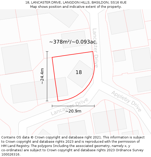 18, LANCASTER DRIVE, LANGDON HILLS, BASILDON, SS16 6UE: Plot and title map