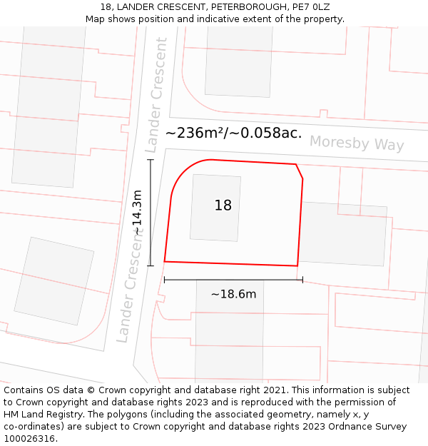 18, LANDER CRESCENT, PETERBOROUGH, PE7 0LZ: Plot and title map
