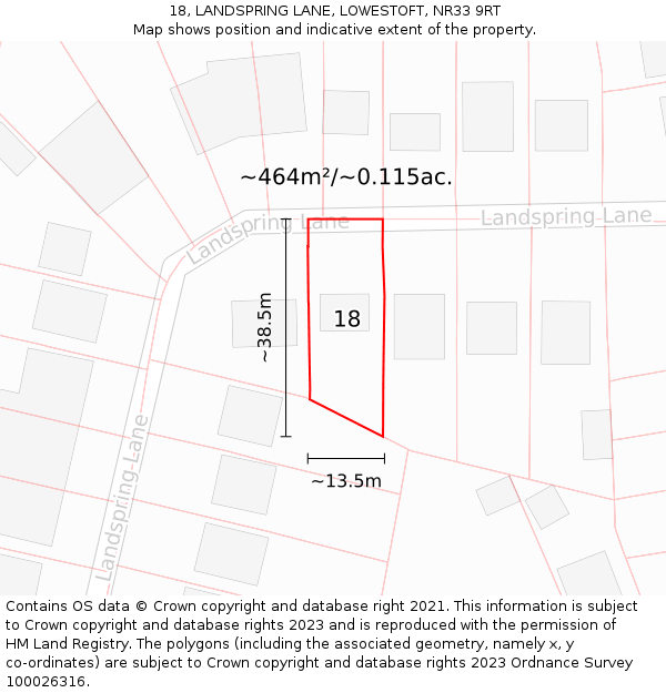 18, LANDSPRING LANE, LOWESTOFT, NR33 9RT: Plot and title map