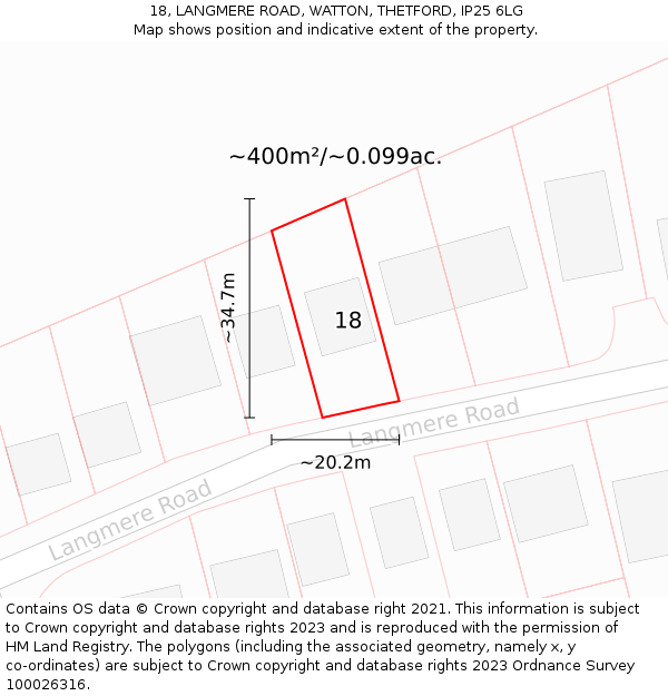 18, LANGMERE ROAD, WATTON, THETFORD, IP25 6LG: Plot and title map