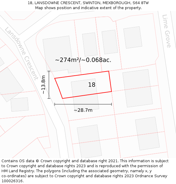 18, LANSDOWNE CRESCENT, SWINTON, MEXBOROUGH, S64 8TW: Plot and title map