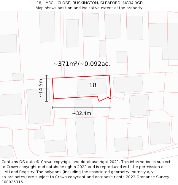 18, LARCH CLOSE, RUSKINGTON, SLEAFORD, NG34 9GB: Plot and title map