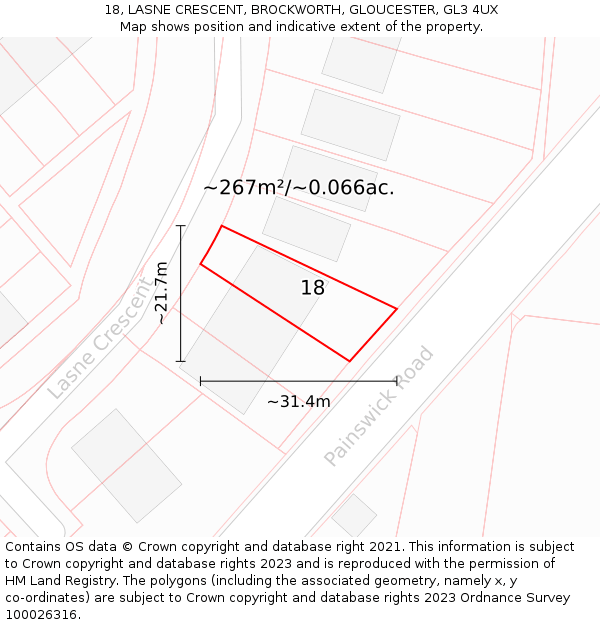 18, LASNE CRESCENT, BROCKWORTH, GLOUCESTER, GL3 4UX: Plot and title map