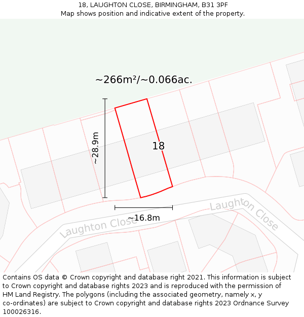 18, LAUGHTON CLOSE, BIRMINGHAM, B31 3PF: Plot and title map