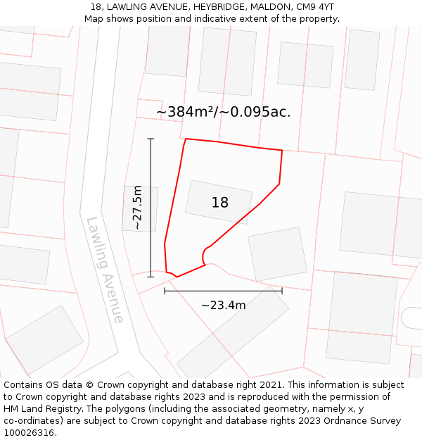 18, LAWLING AVENUE, HEYBRIDGE, MALDON, CM9 4YT: Plot and title map