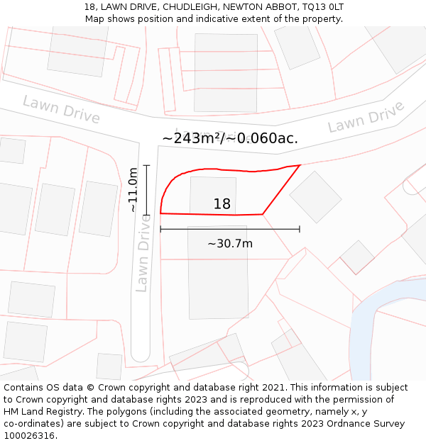 18, LAWN DRIVE, CHUDLEIGH, NEWTON ABBOT, TQ13 0LT: Plot and title map
