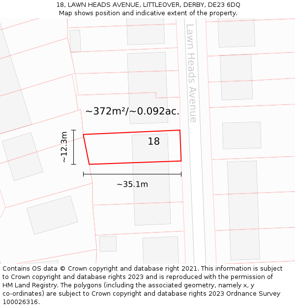 18, LAWN HEADS AVENUE, LITTLEOVER, DERBY, DE23 6DQ: Plot and title map