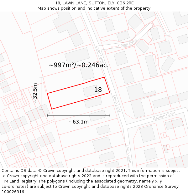 18, LAWN LANE, SUTTON, ELY, CB6 2RE: Plot and title map
