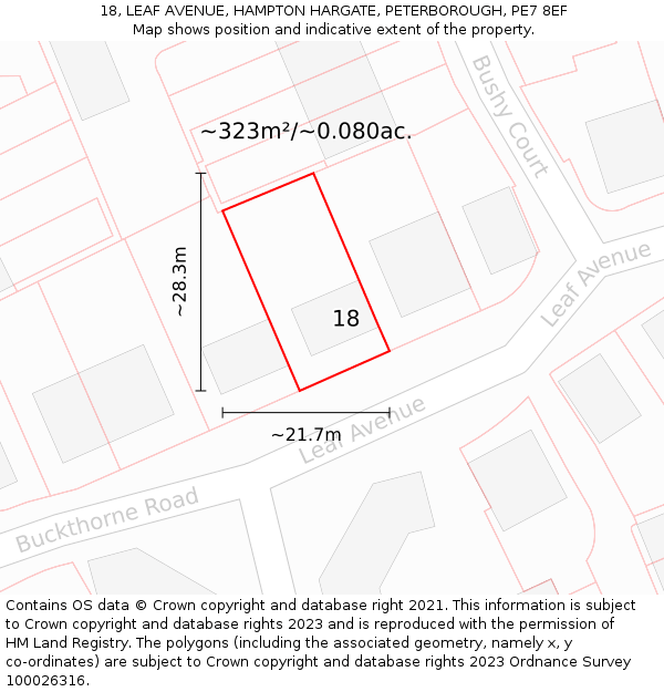 18, LEAF AVENUE, HAMPTON HARGATE, PETERBOROUGH, PE7 8EF: Plot and title map