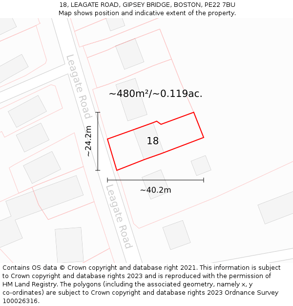 18, LEAGATE ROAD, GIPSEY BRIDGE, BOSTON, PE22 7BU: Plot and title map