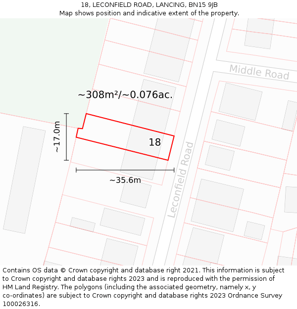 18, LECONFIELD ROAD, LANCING, BN15 9JB: Plot and title map